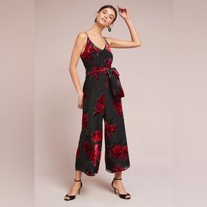 Anthropologie Ettwa Burnout Velvet Jumpsuit Black Red Floral‎ Wide Leg small